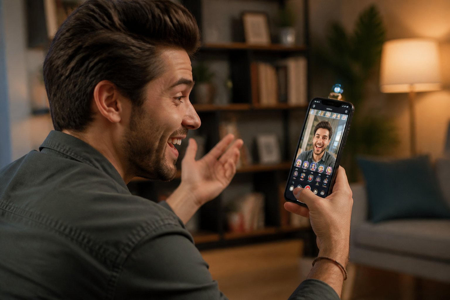 A young adult smiling and speaking while recording a video on a smartphone in a cozy room.