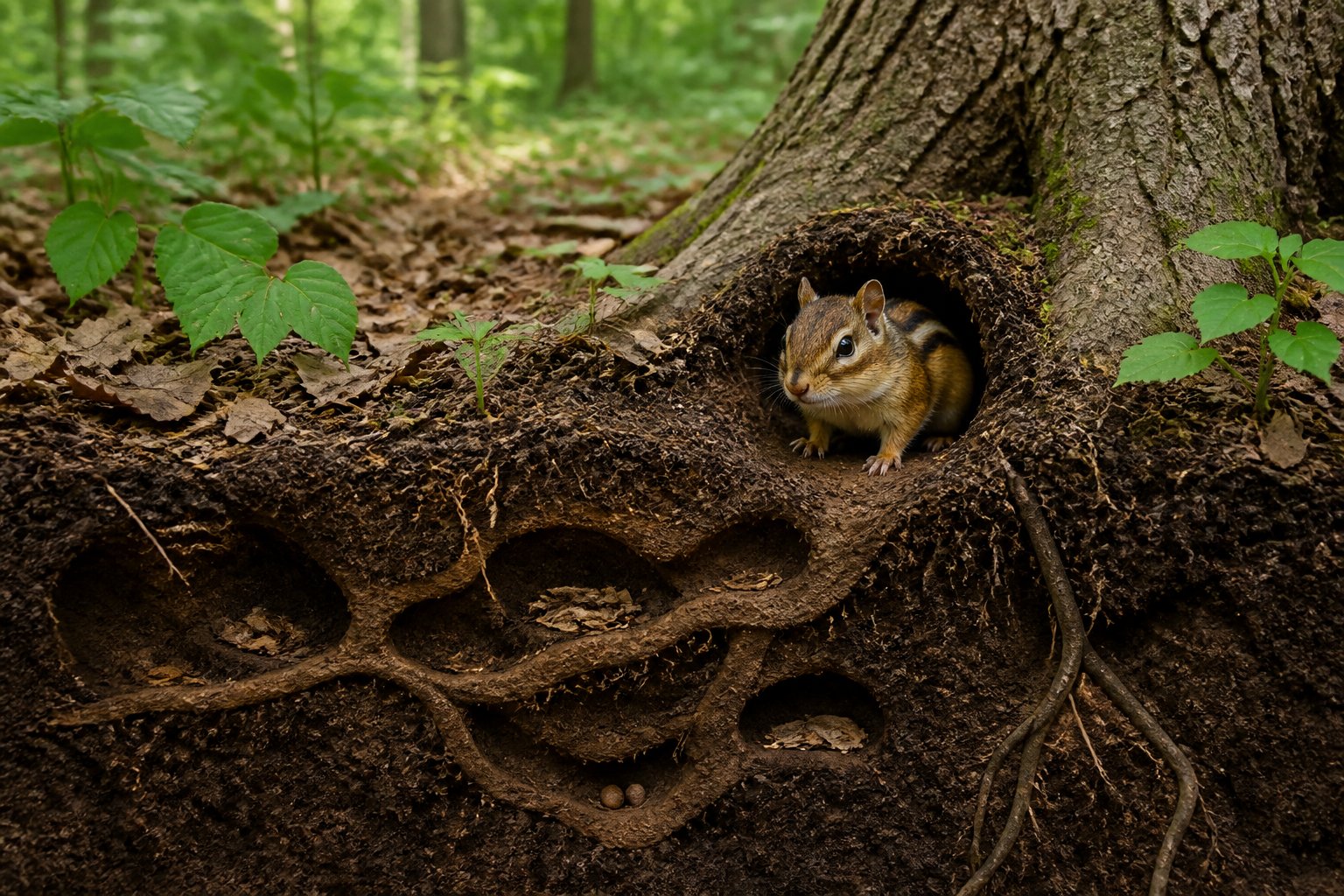 A chipmunk near the entrance of its underground burrow in a forest setting with visible tunnels beneath the soil.