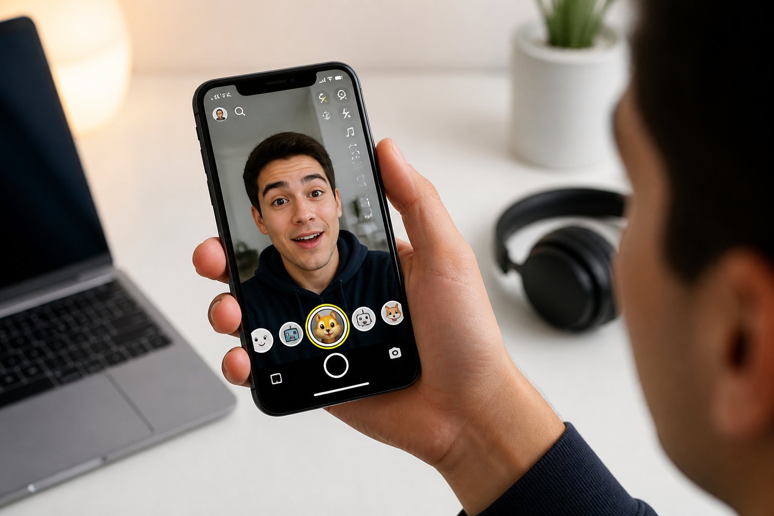 A person holding a smartphone showing the Snapchat app with voice filter options in a bright indoor setting.