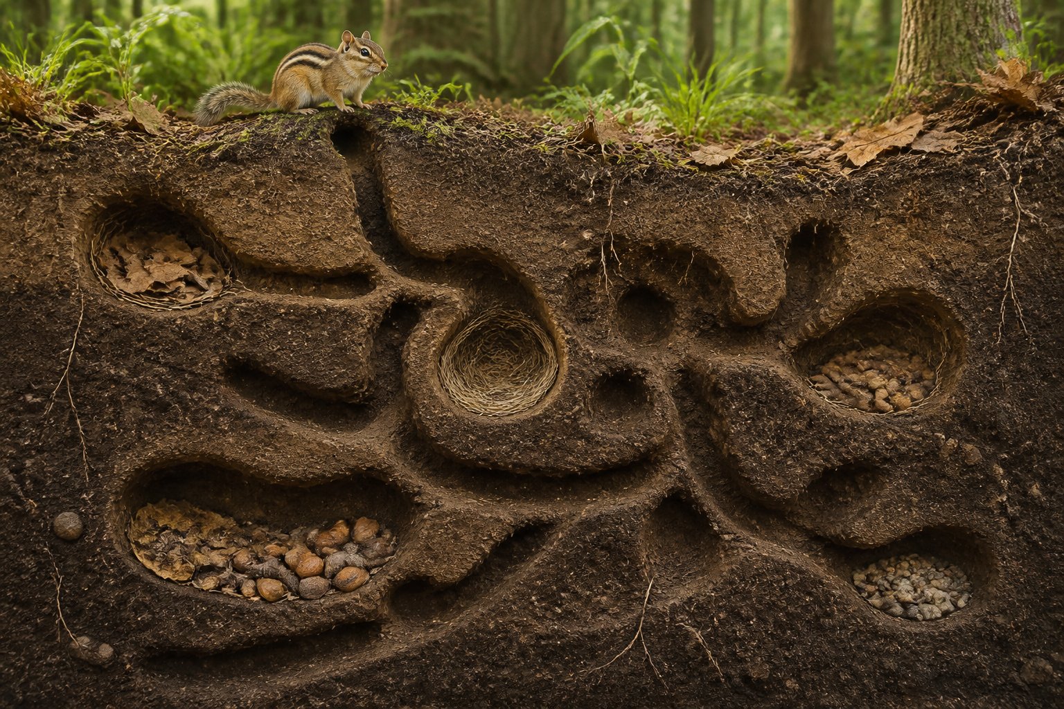 Cross-sectional view of underground chipmunk tunnels with a chipmunk near the entrance on the forest floor.