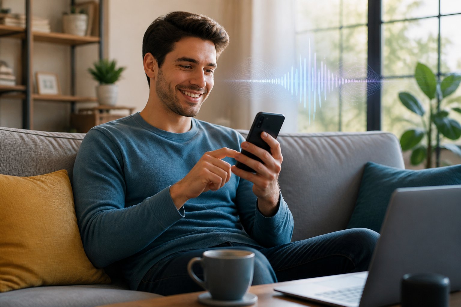 A young adult sitting on a sofa using a smartphone in a bright living room.