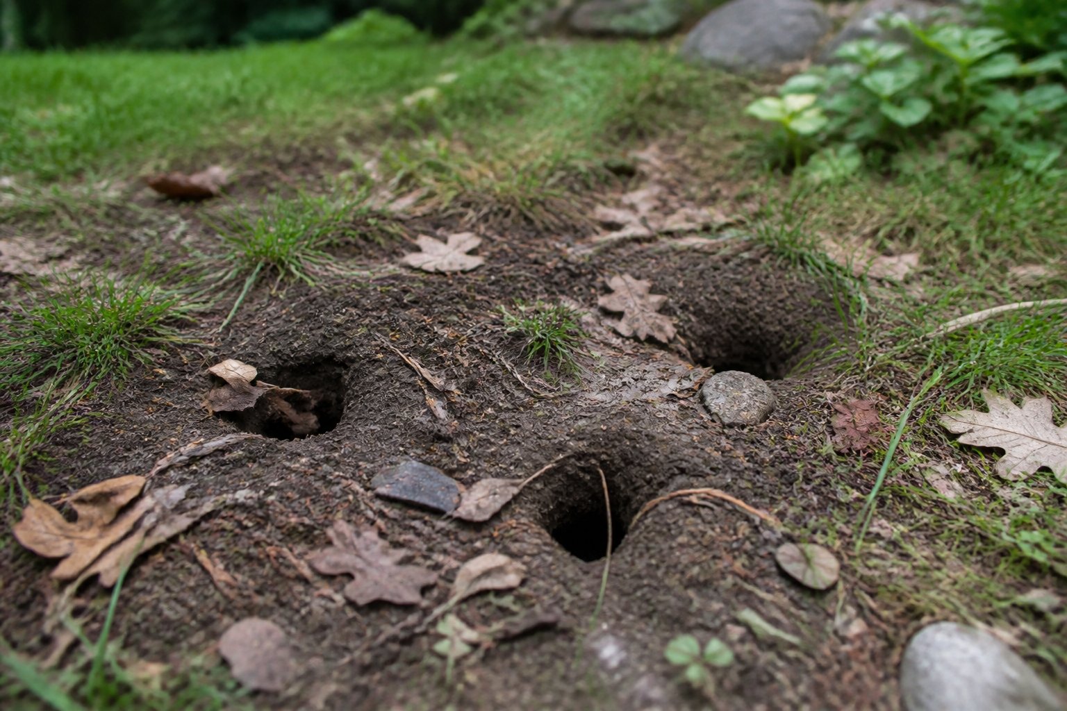Close-up of chipmunk burrow openings in a yard with soil, leaves, and grass.