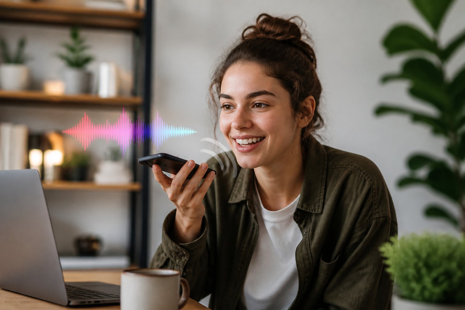 A young adult smiling while using a smartphone indoors, with subtle visual effects indicating voice recording or audio features.