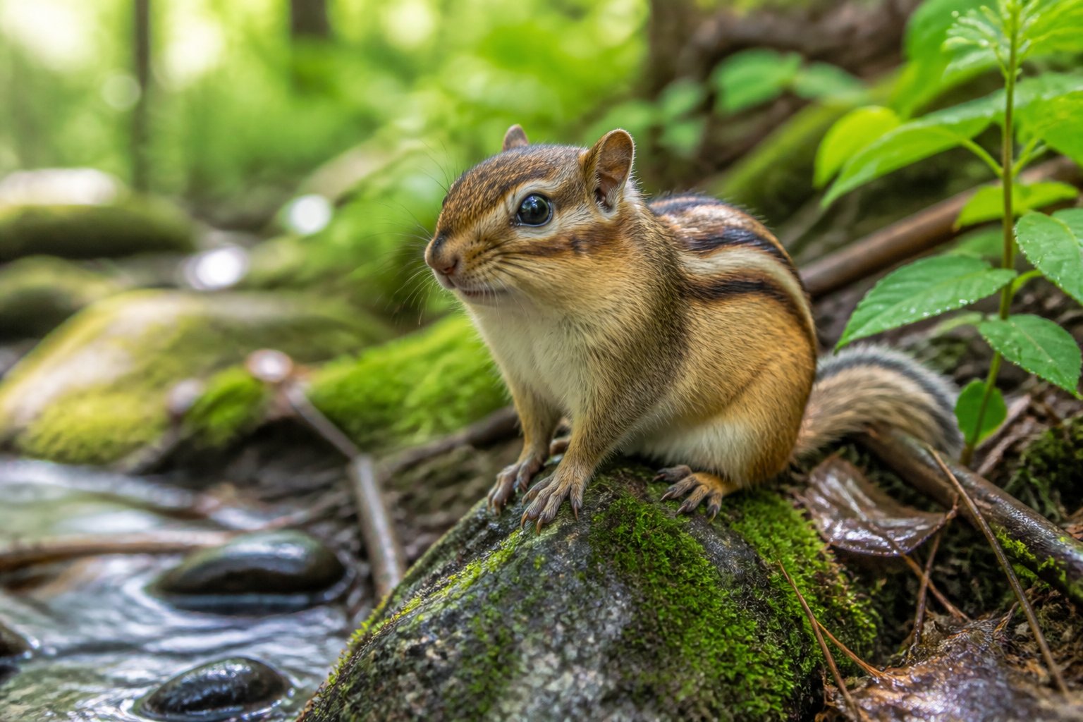 A chipmunk sitting on a mossy rock near a small stream in a forest.