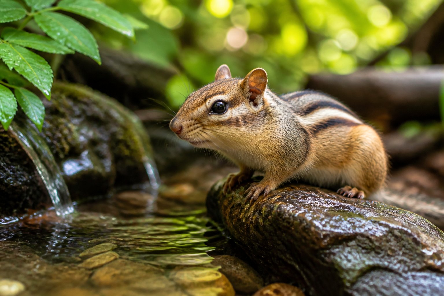 A chipmunk sitting near a small stream in a forest with green leaves around it.