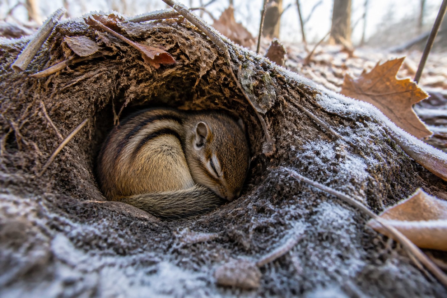 A chipmunk resting inside its burrow surrounded by dry leaves and soil in a winter forest setting.