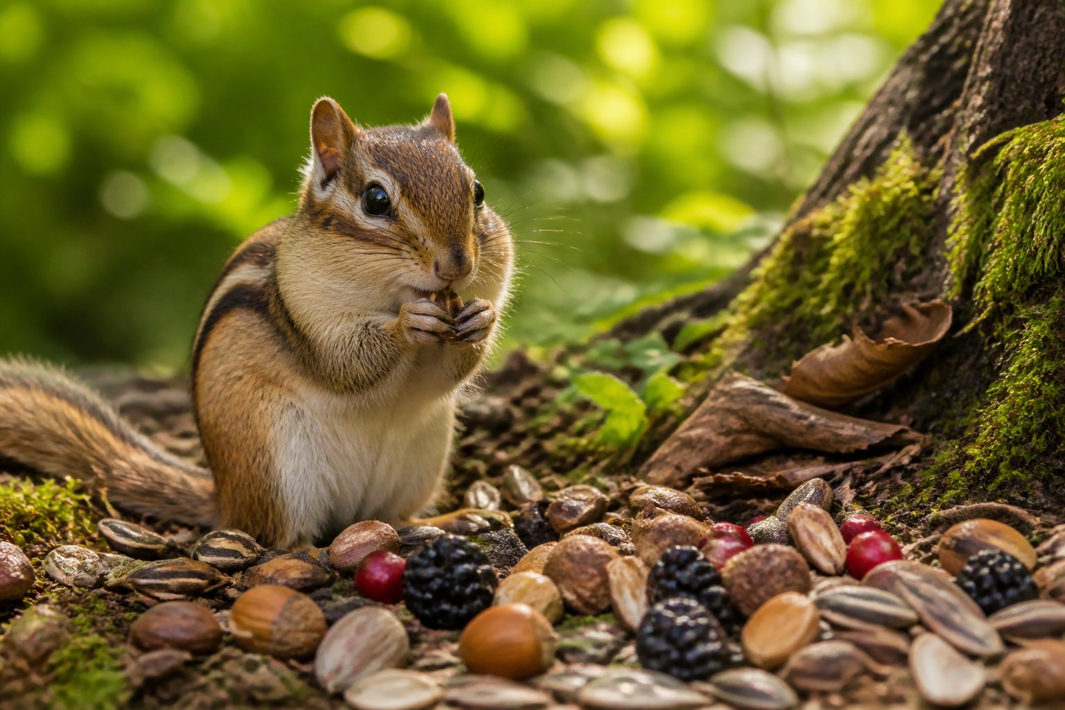 A chipmunk eating seeds on the forest floor surrounded by nuts and berries with green plants in the background.