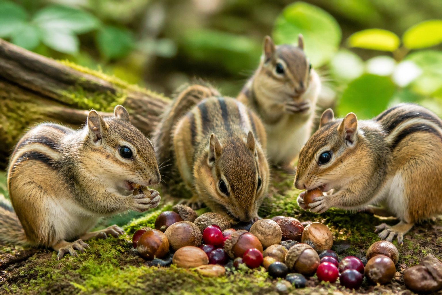 Chipmunks gathering and eating acorns, seeds, and berries on a forest floor surrounded by green plants.