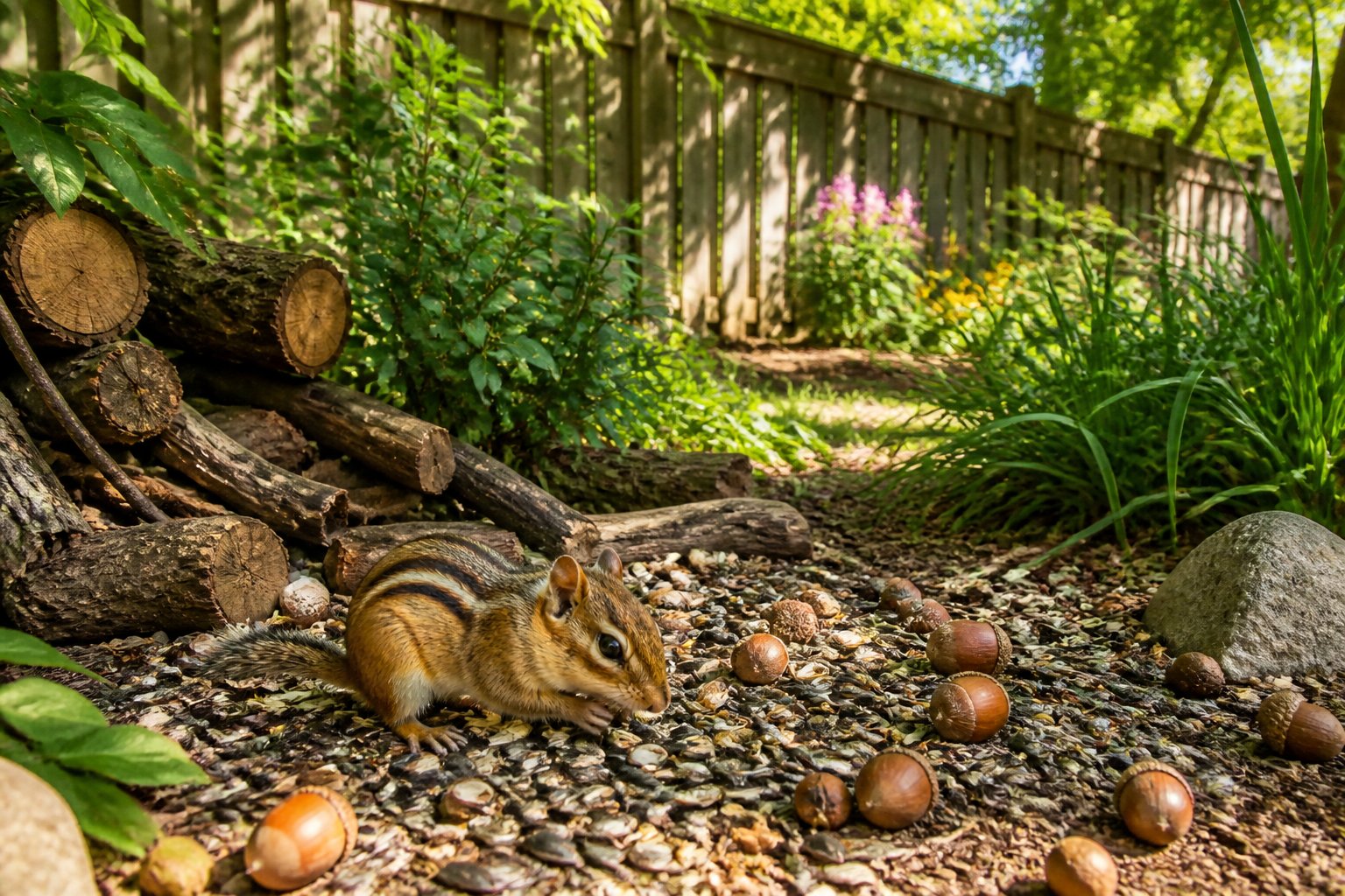 A chipmunk foraging among seeds and acorns in a backyard with wood logs, bushes, tall grass, and flowering plants on a sunny day.
