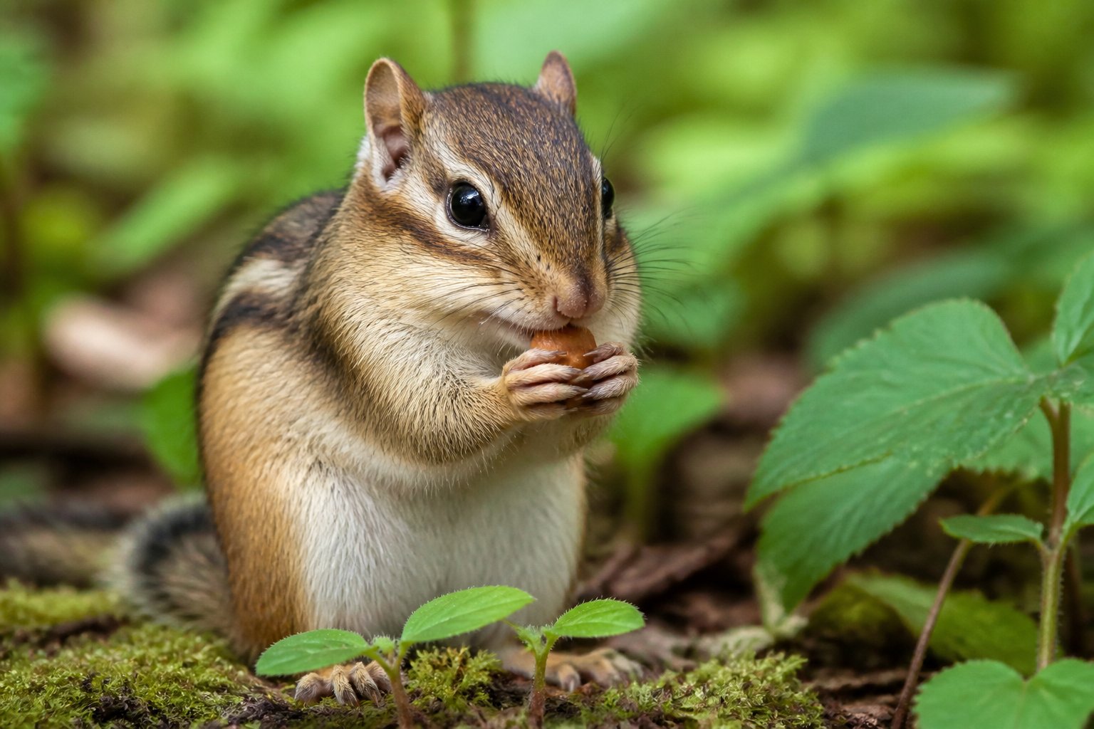 A chipmunk holding and eating a nut in a natural outdoor environment.