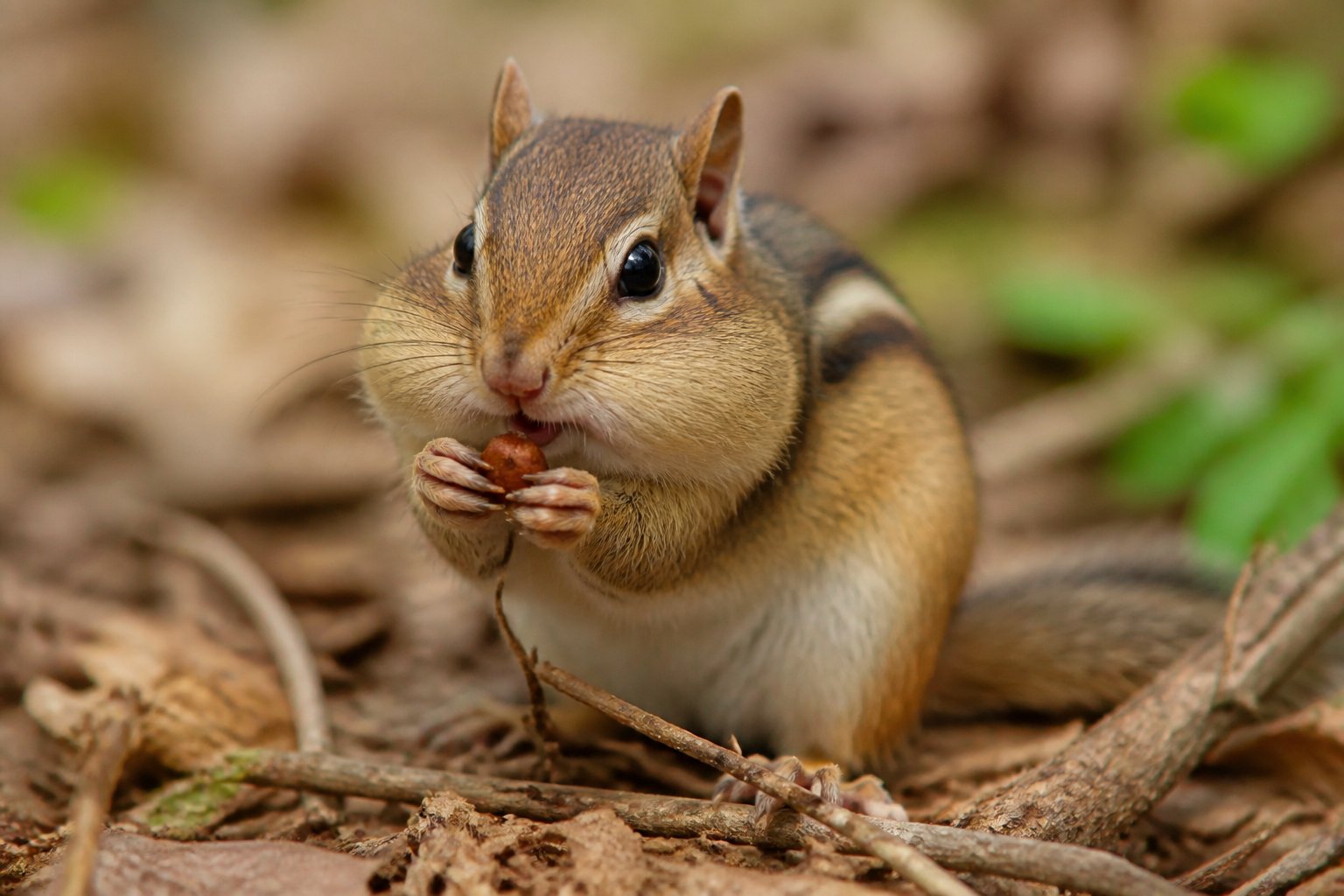 A chipmunk holding and eating food with its paws, showing its cheek pouches slightly filled, sitting on a forest floor.