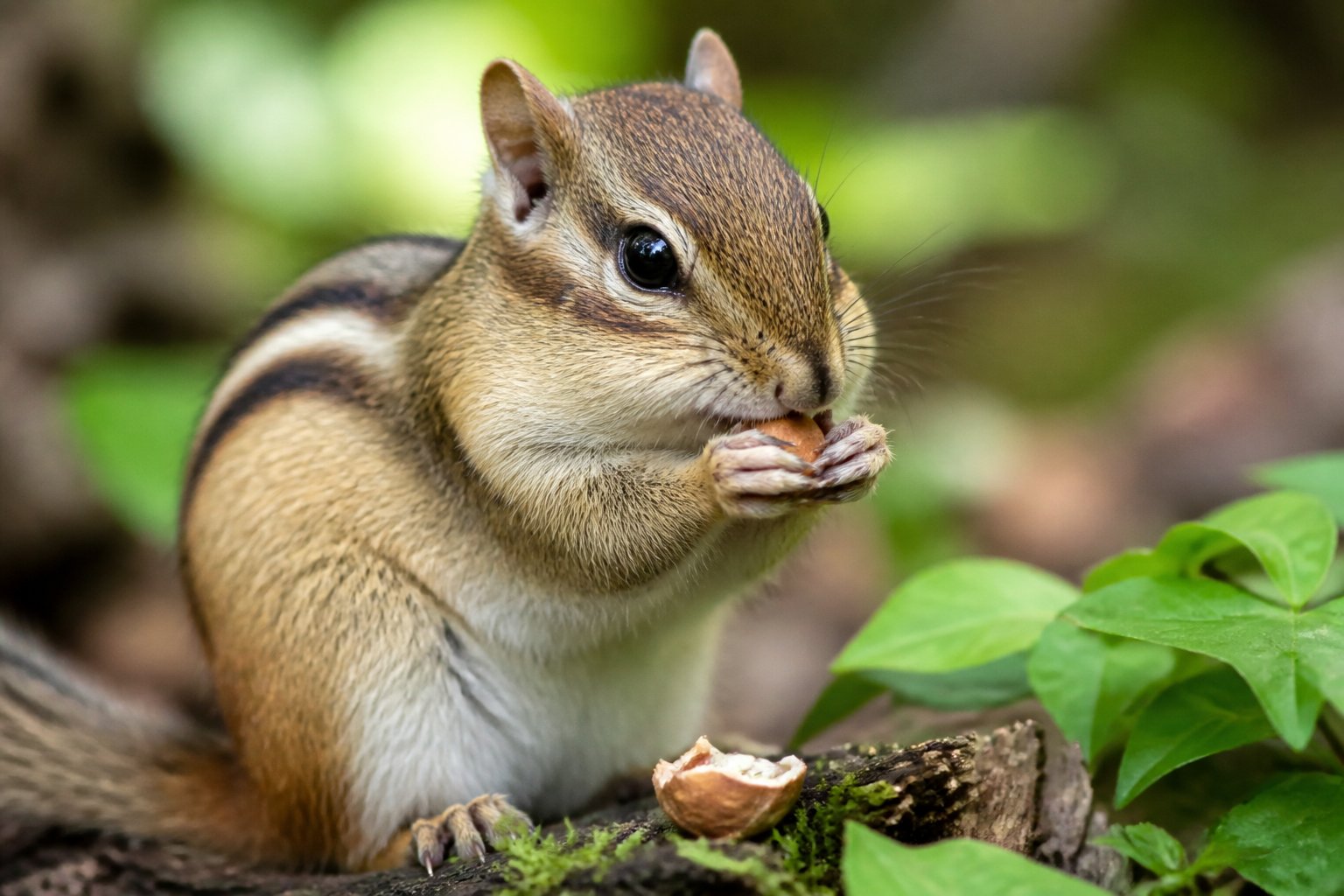 A chipmunk holding and eating a nut in a natural forest setting surrounded by green leaves.