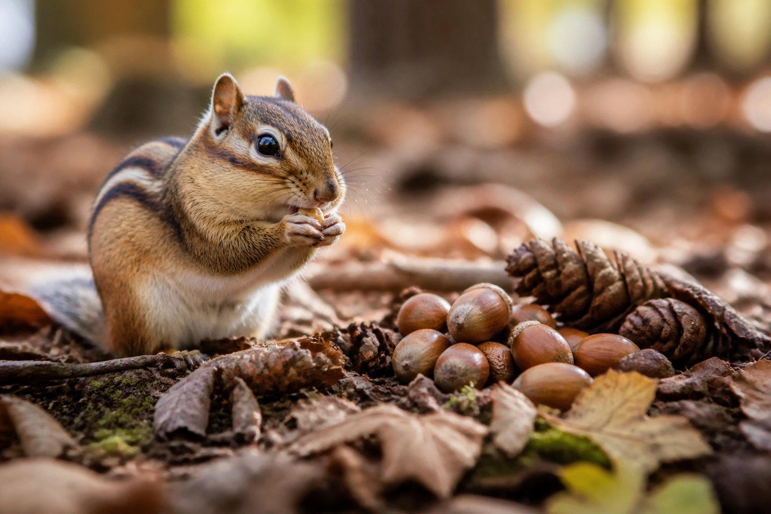 A chipmunk eating seeds and storing food on a forest floor covered with leaves and nuts.