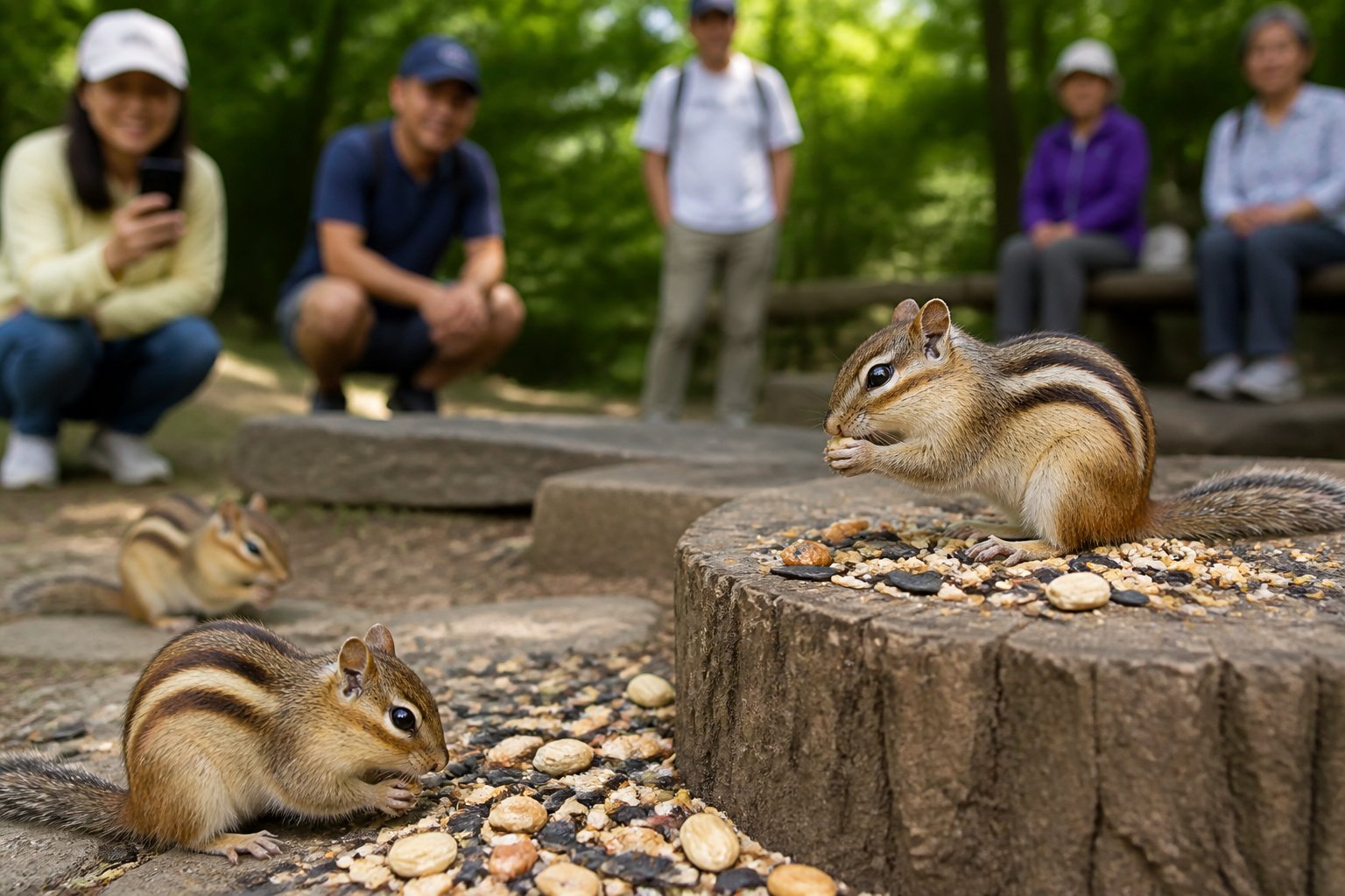 Chipmunks eating seeds and nuts on the ground near people in a green outdoor park.