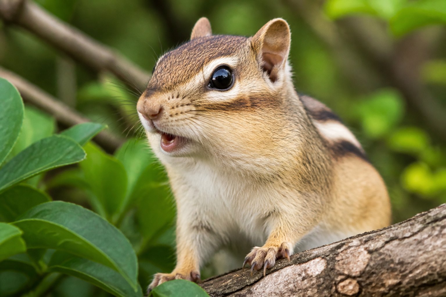 A chipmunk sitting on a tree branch surrounded by green leaves in a natural outdoor setting.