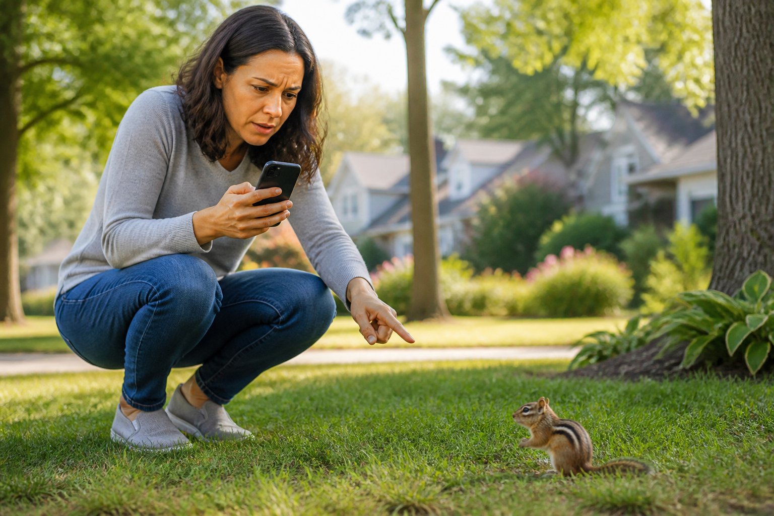 A woman outdoors in a park pointing at a chipmunk on the grass while holding a smartphone.