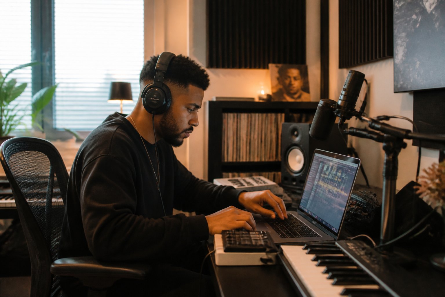 A person wearing headphones working on music production in a home studio with instruments and audio equipment around them.