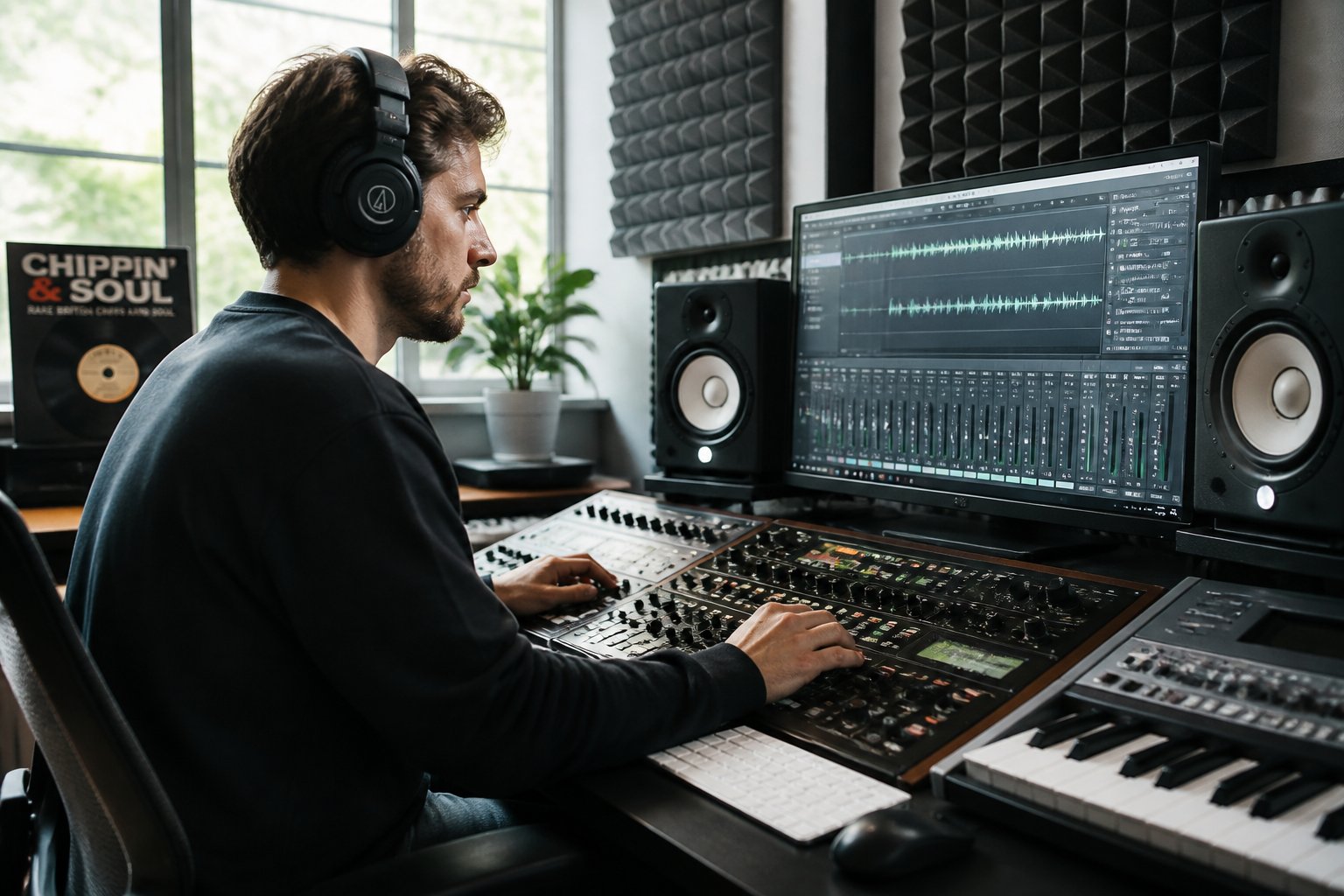 A young music producer wearing headphones working at a mixing console in a modern recording studio.