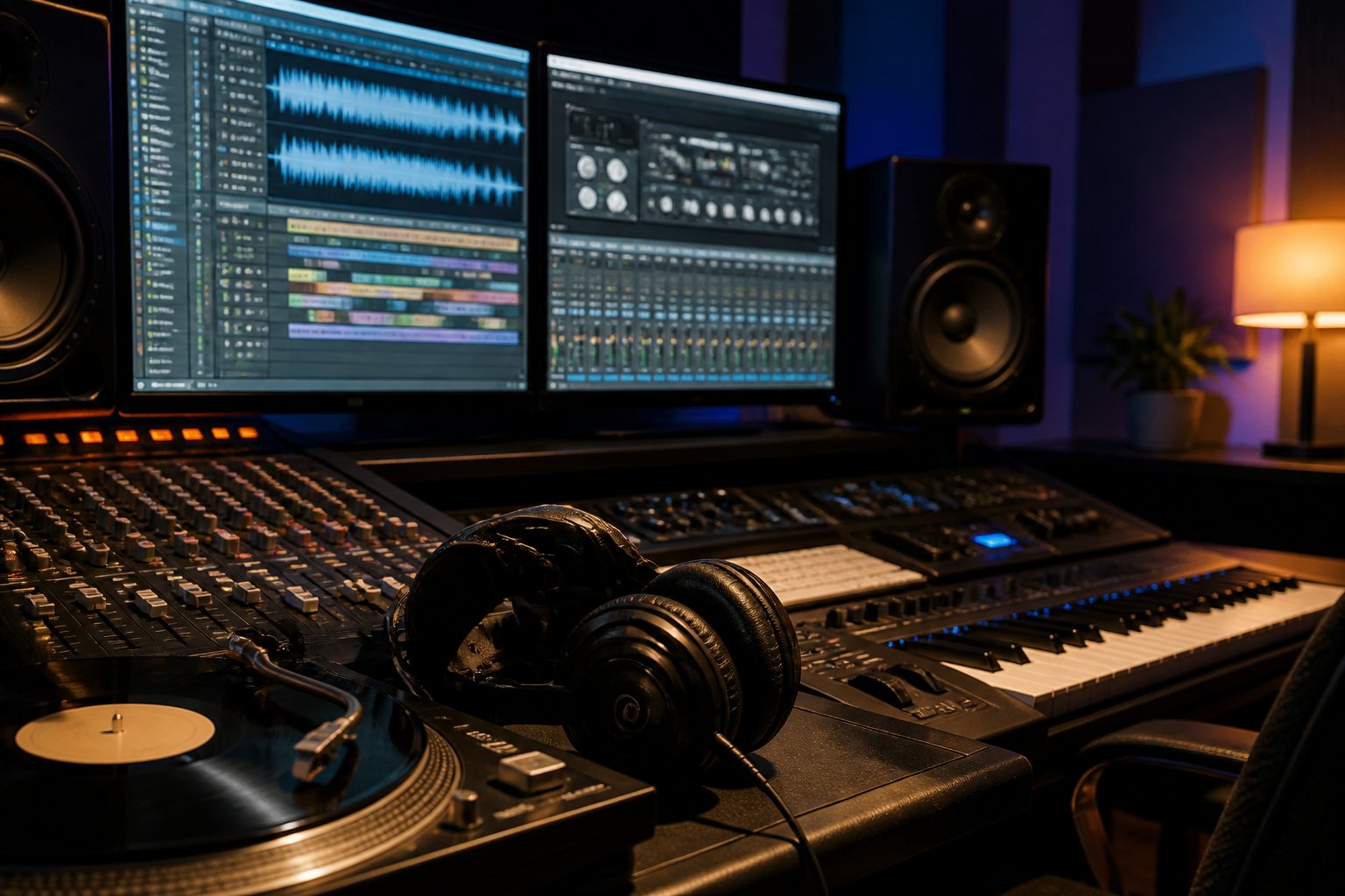 A music production studio with audio equipment, monitors, headphones, and a vinyl record, showing the process of making a soulful music track.