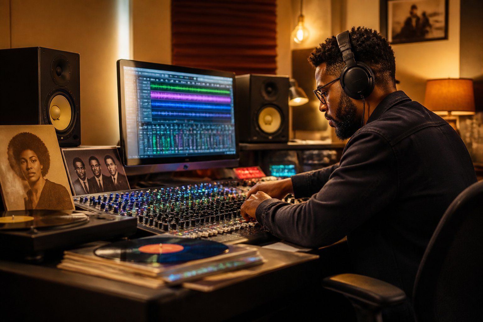 A music producer working at a mixing console in a recording studio surrounded by audio equipment and vinyl records.