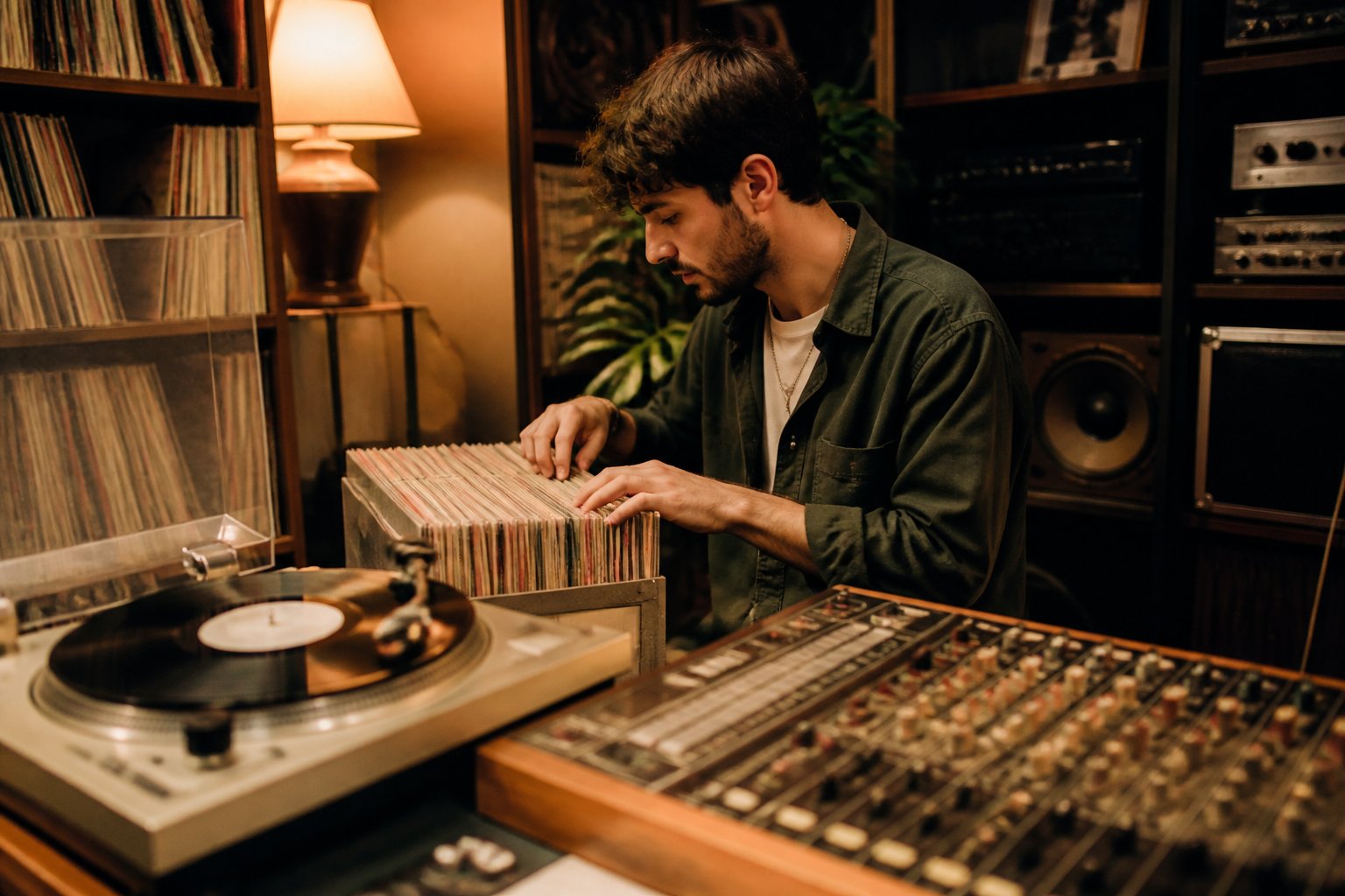 A person adjusting vinyl records in a cozy music studio with vintage audio equipment and shelves of records.