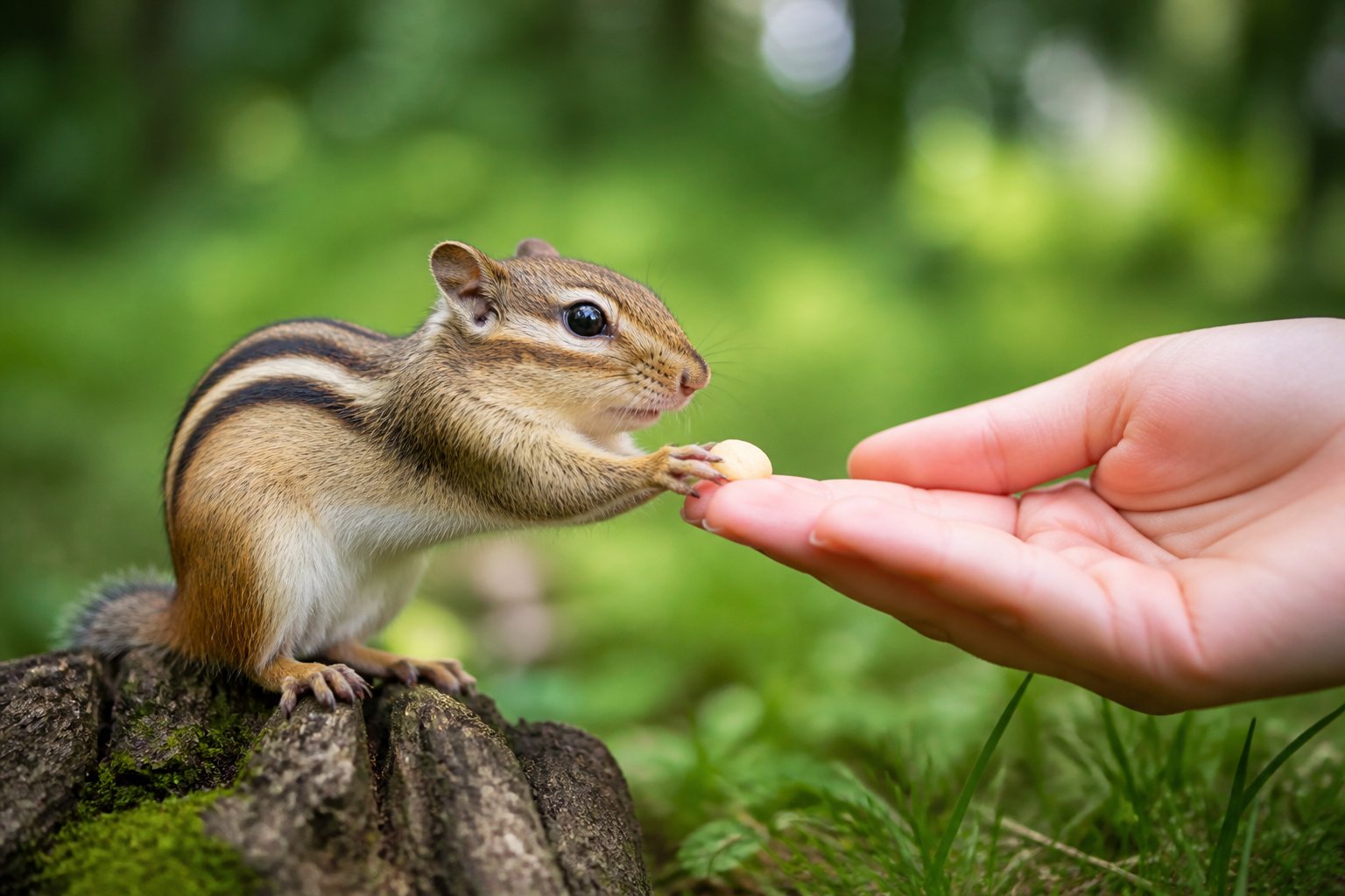 A chipmunk reaches out to take food from a human hand in a natural outdoor setting.