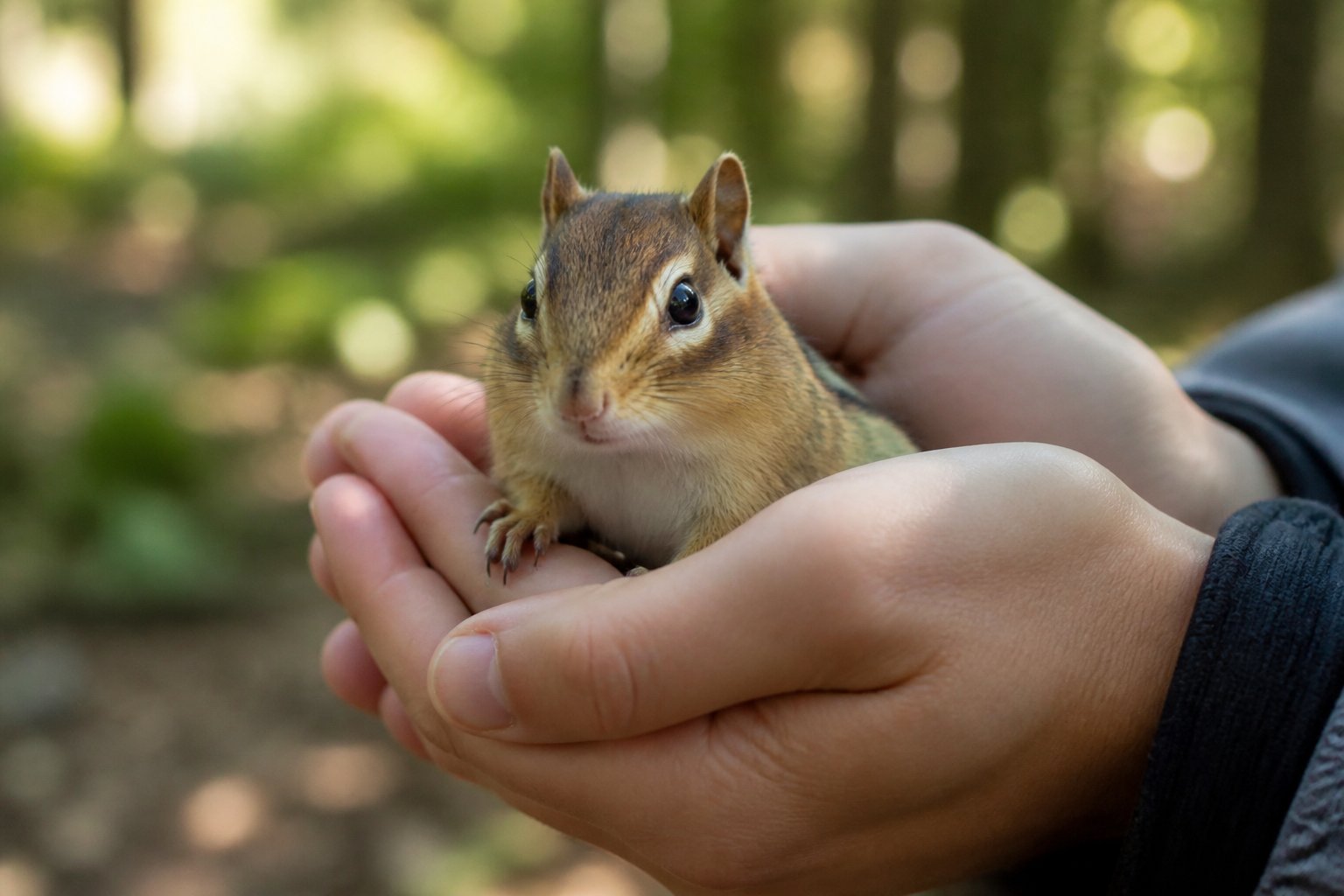A person gently holding a small chipmunk in their hands outdoors with green foliage in the background.