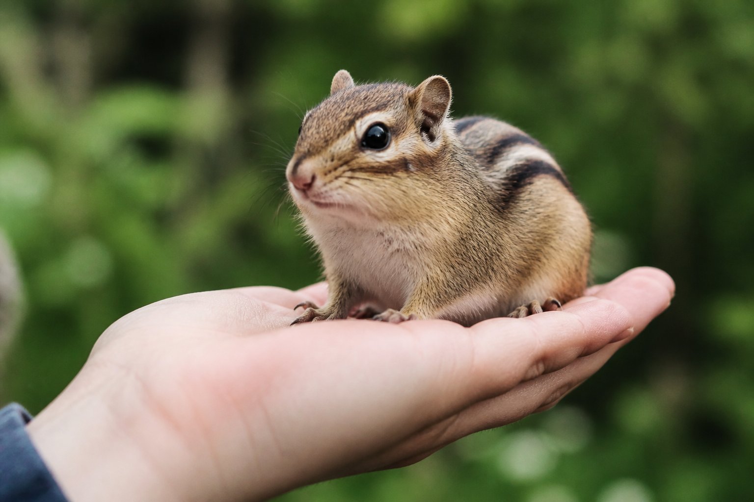 A chipmunk sitting calmly on a person's hand outdoors with green foliage in the background.