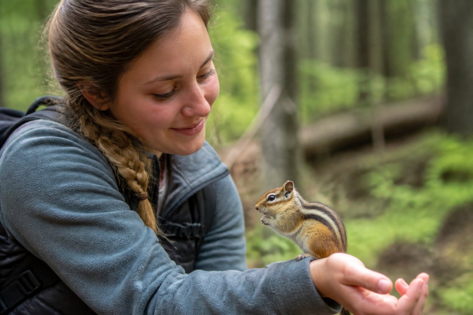 A person gently holding a chipmunk outdoors surrounded by green trees and natural light.