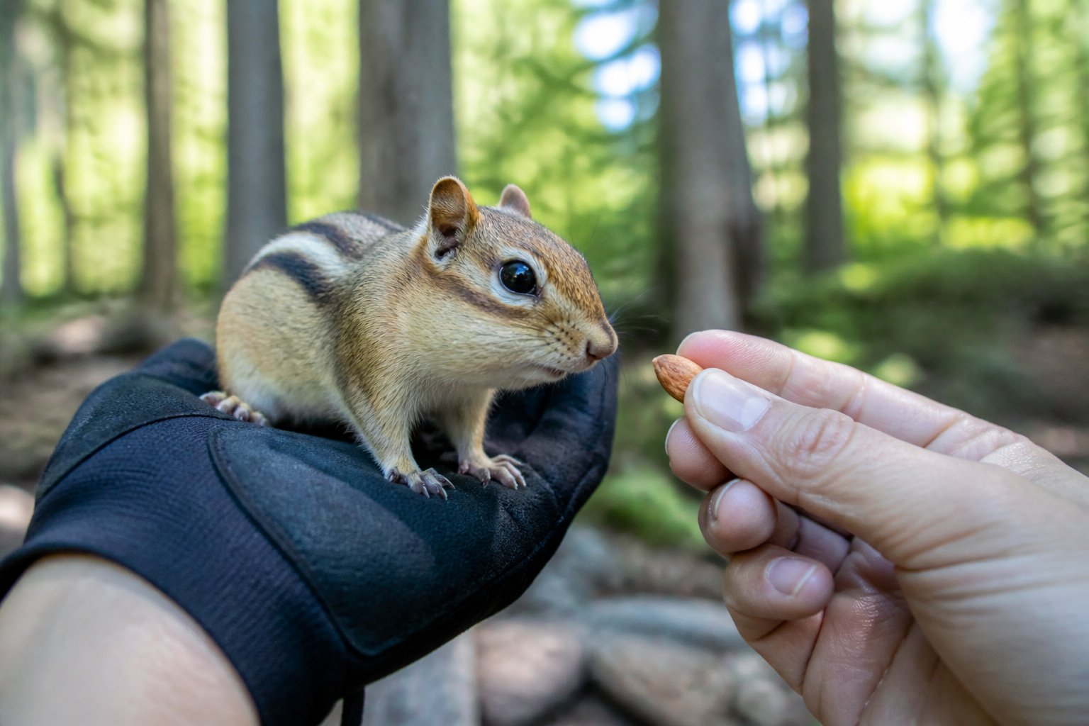 A chipmunk sitting calmly on a person's gloved hand in a forest setting.