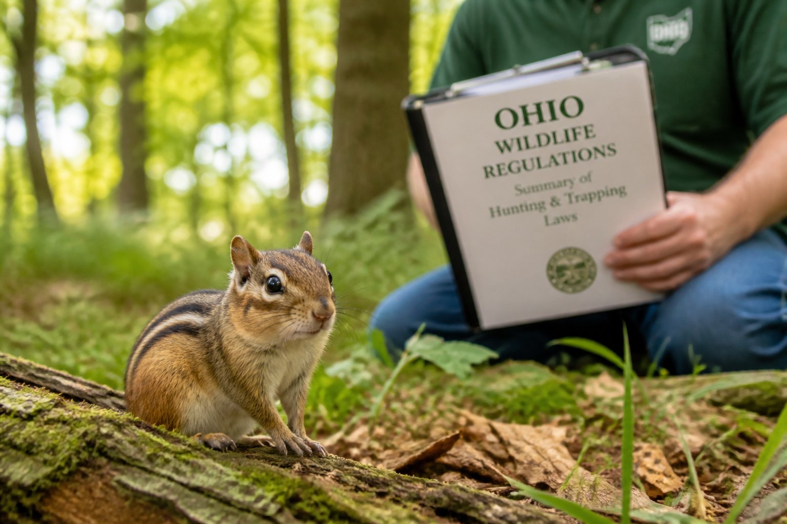 A chipmunk sitting on a tree branch in a green forest with a person holding a legal book in the background.