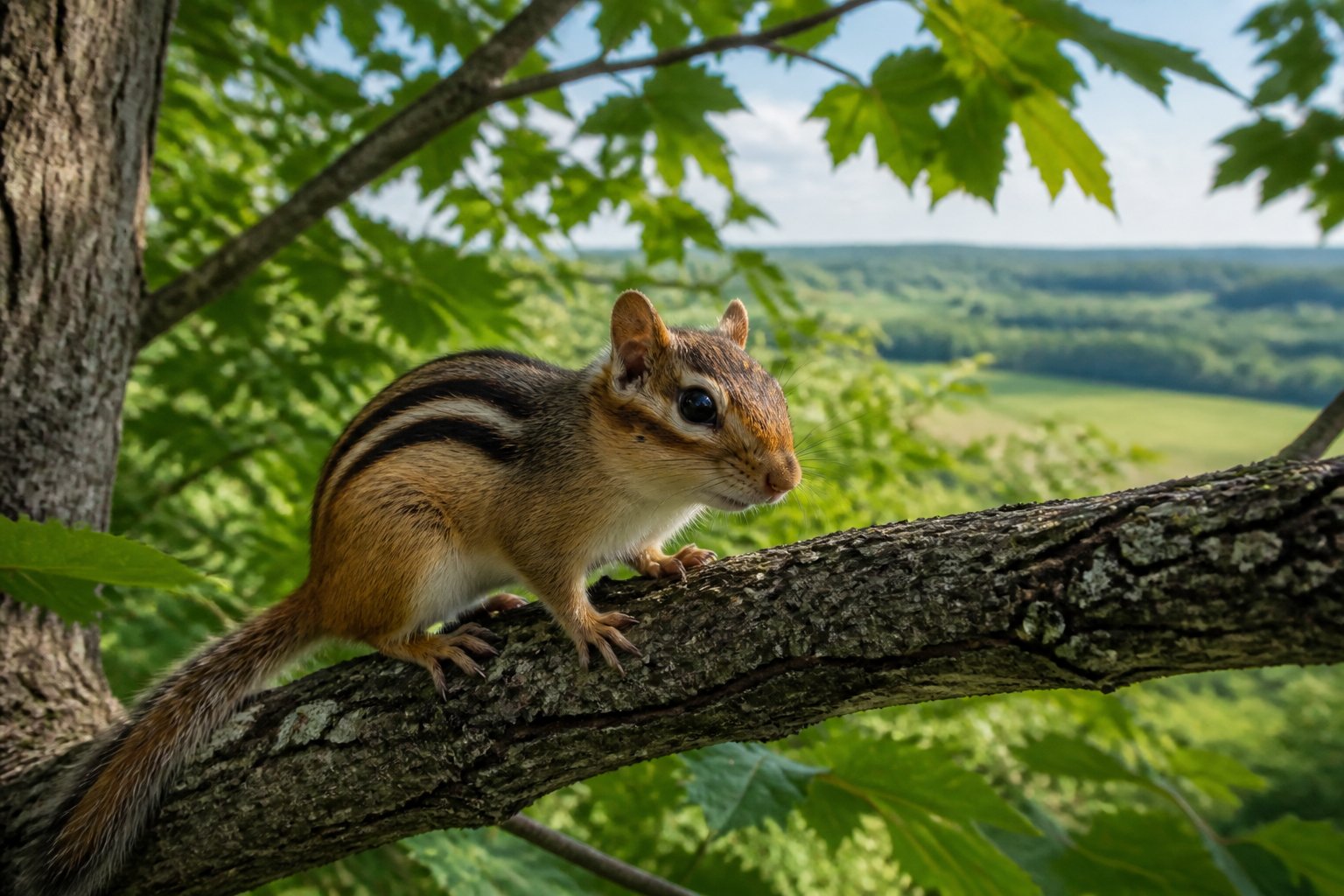 A chipmunk sitting on a tree branch in a green forest with sunlight filtering through the trees.