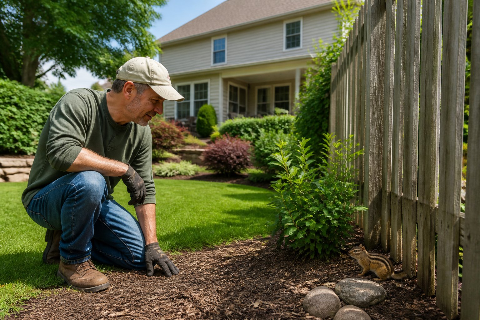A person in a backyard watching a chipmunk near a wooden fence with a house in the background.