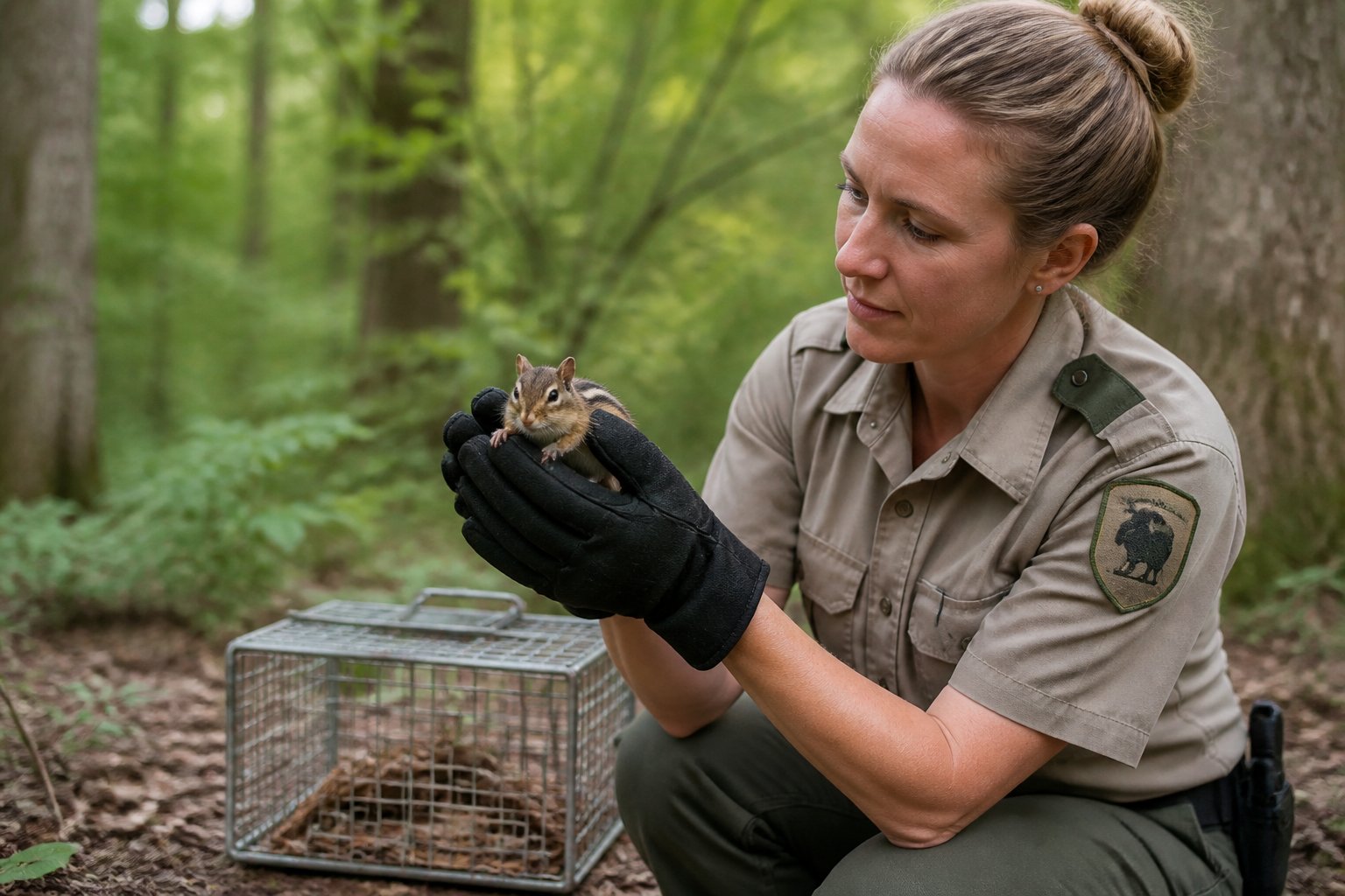 A wildlife professional in uniform gently handling a chipmunk outdoors in a forested area.