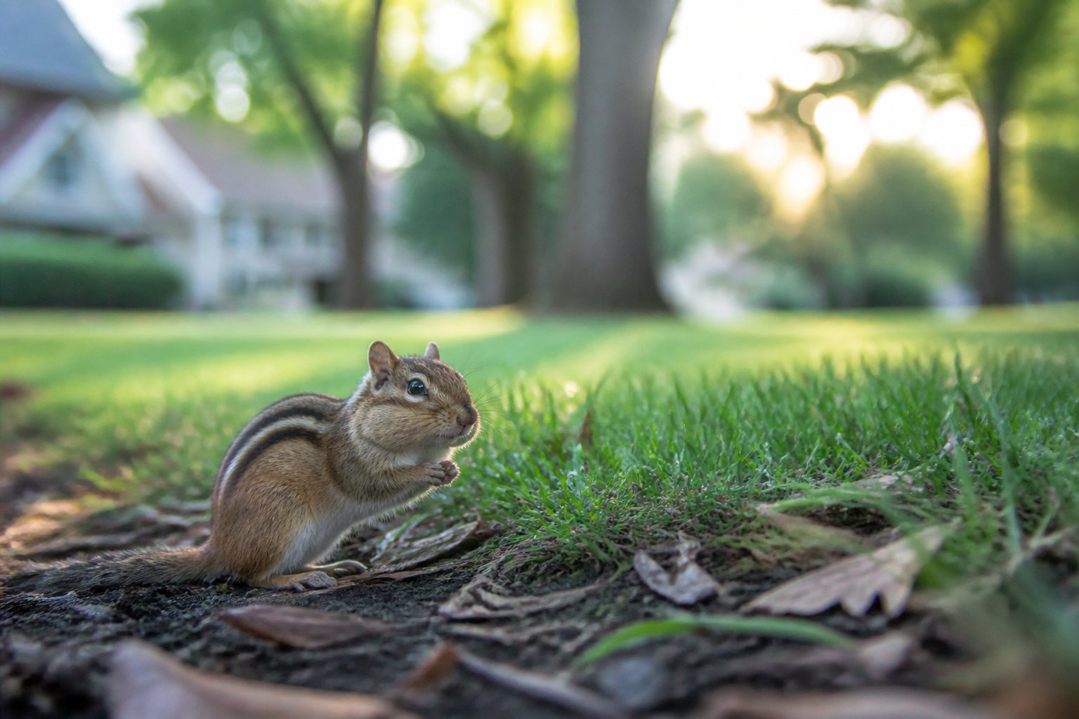 A chipmunk sitting on the ground surrounded by grass and leaves in a peaceful outdoor setting.