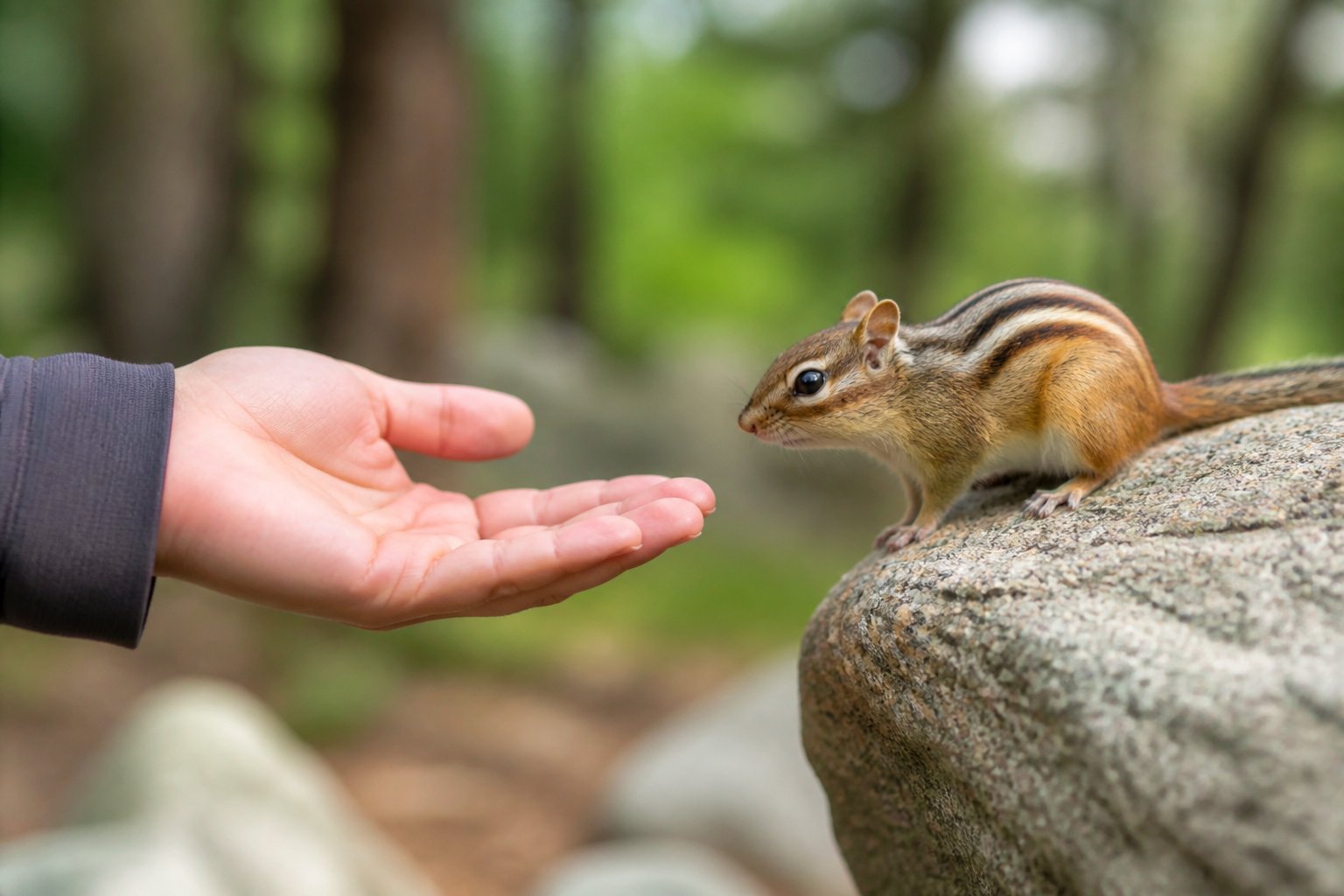 A person gently reaching out their hand to a calm chipmunk sitting on a branch in a green outdoor setting.
