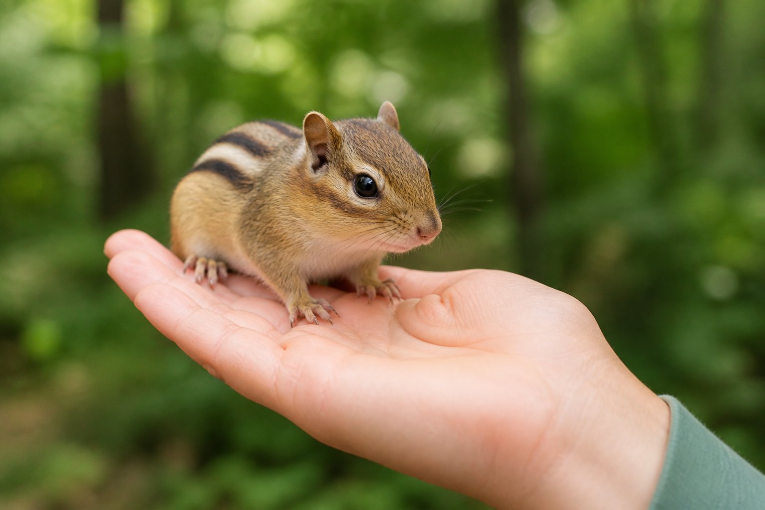 A small chipmunk sitting calmly on a person's hand outdoors with green foliage in the background.