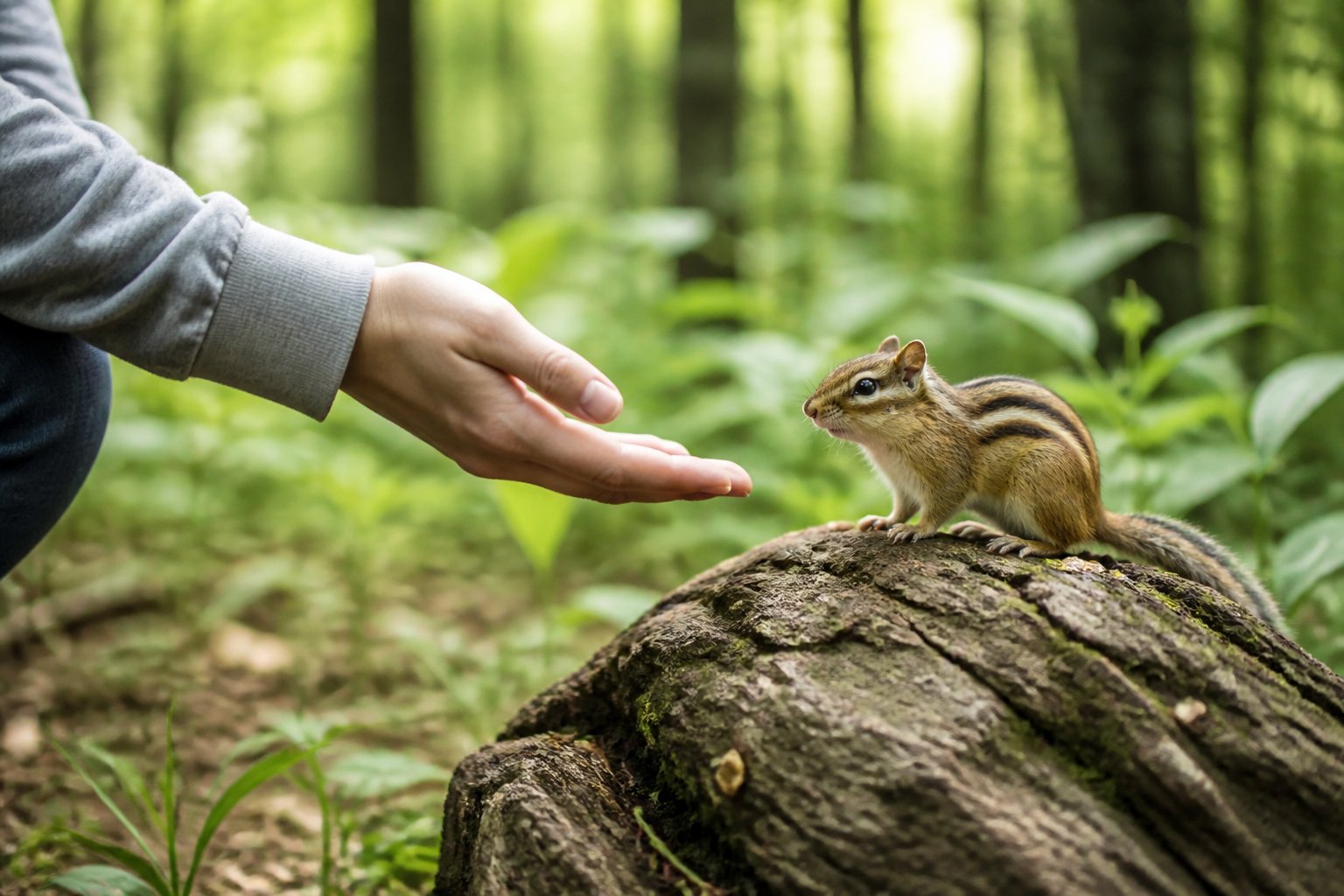 A person gently reaching out to a chipmunk sitting on a tree stump in a green park.