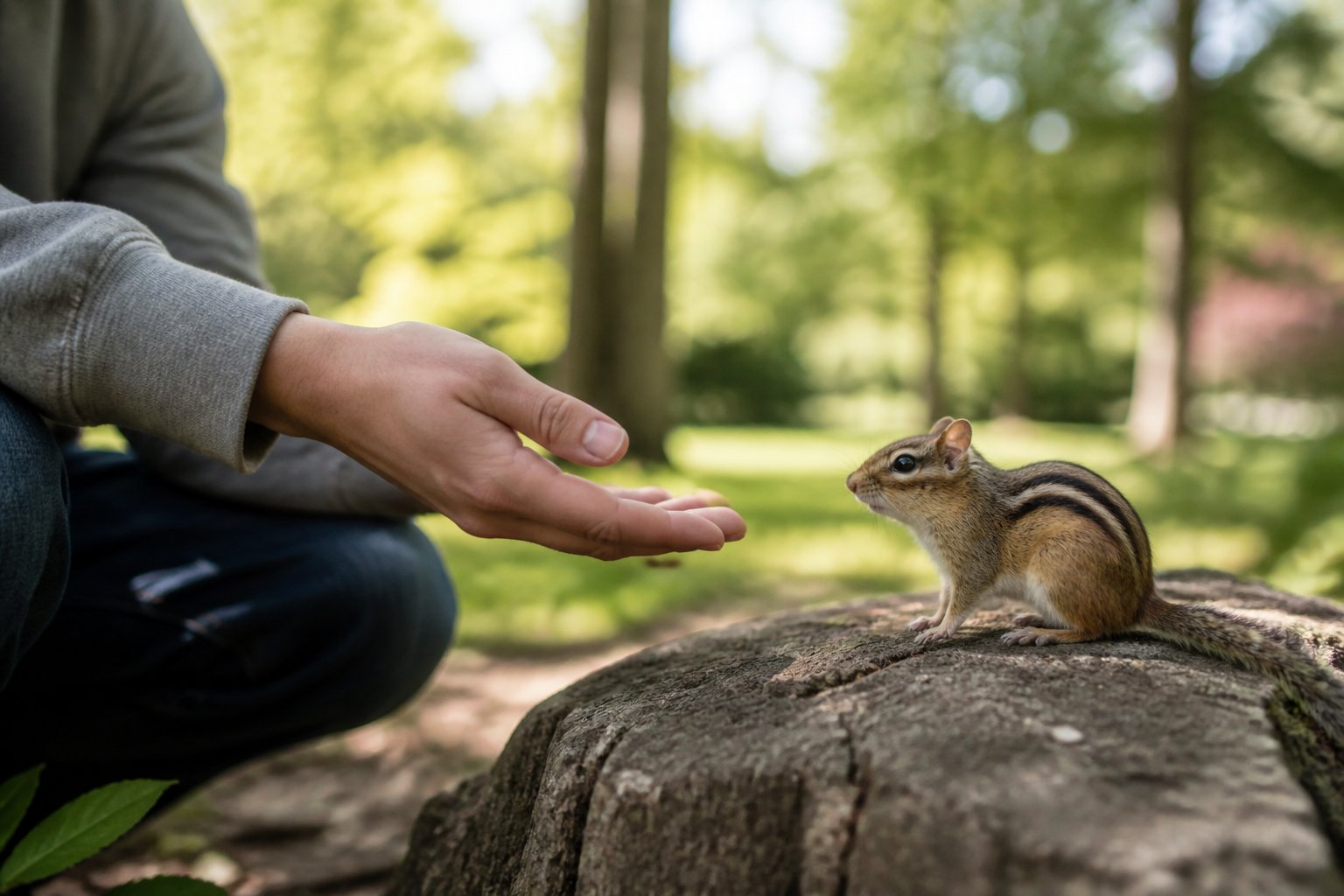 A person gently reaching out their hand to a small chipmunk sitting on a rock in a green outdoor setting.
