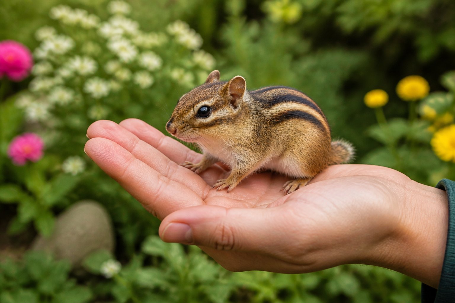 A person gently holding a chipmunk on their open hand outdoors surrounded by green plants.