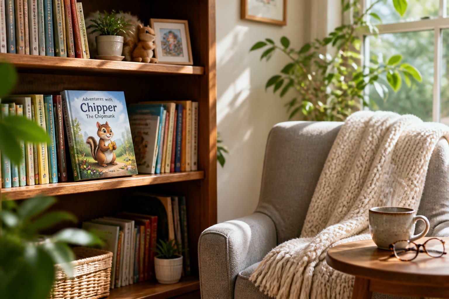 A cozy reading nook with a bookshelf displaying a children's book featuring a chipmunk illustration, an armchair, a small table with reading glasses and a cup of tea, and indoor plants.
