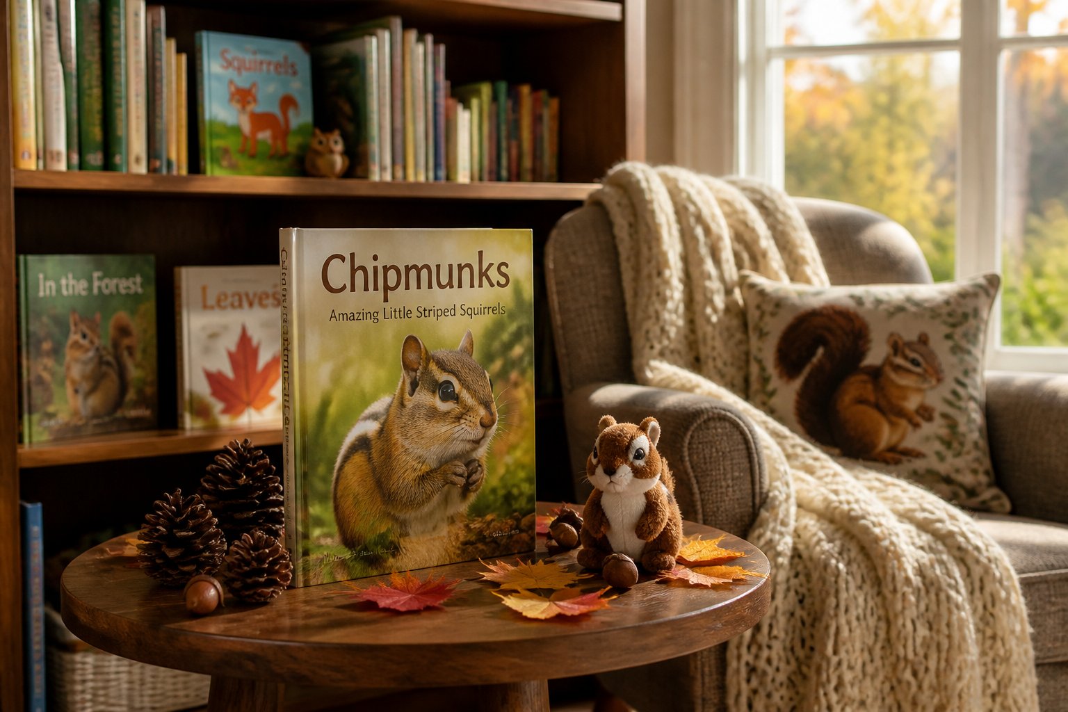 A cozy reading nook with a bookshelf, a children's book about chipmunks on a table, pine cones, autumn leaves, and a plush chipmunk toy.