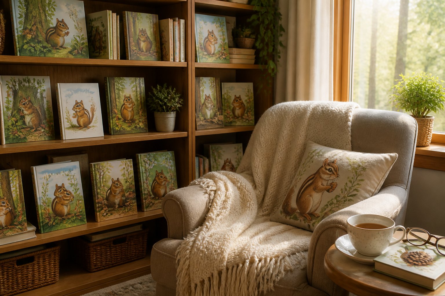 A cozy reading nook with shelves of children's books about chipmunks and woodland animals, a comfortable armchair, and warm natural light coming through a window.