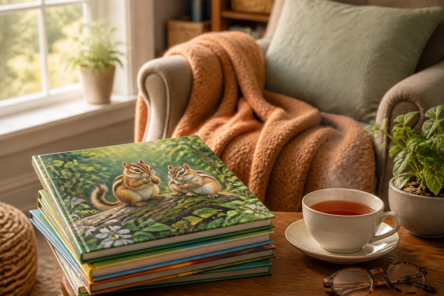A cozy reading nook with a stack of children's books, including one about chipmunks, next to a soft armchair and a wooden side table with a cup of tea.