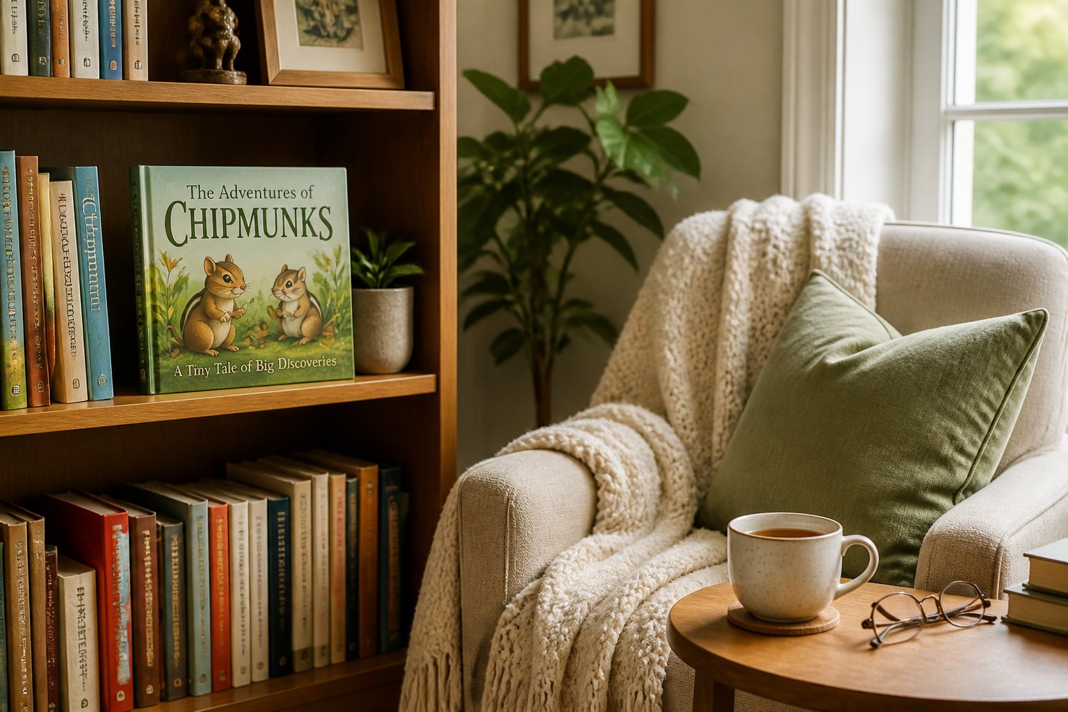 A cozy reading nook with a bookshelf holding a children's book about chipmunks, an armchair, and a side table with a cup of tea.