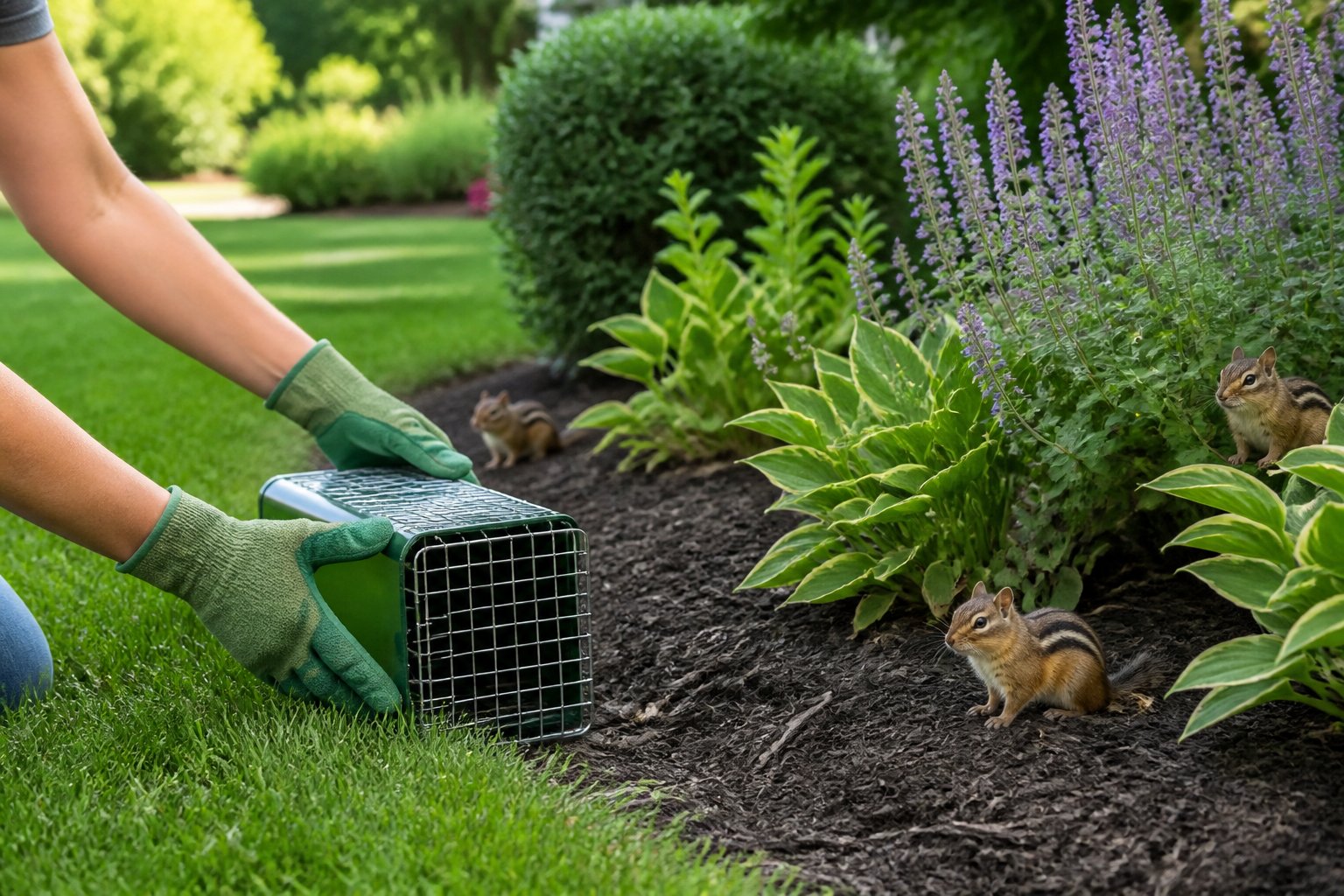 A person placing a humane trap near a garden with chipmunks nearby in a backyard.