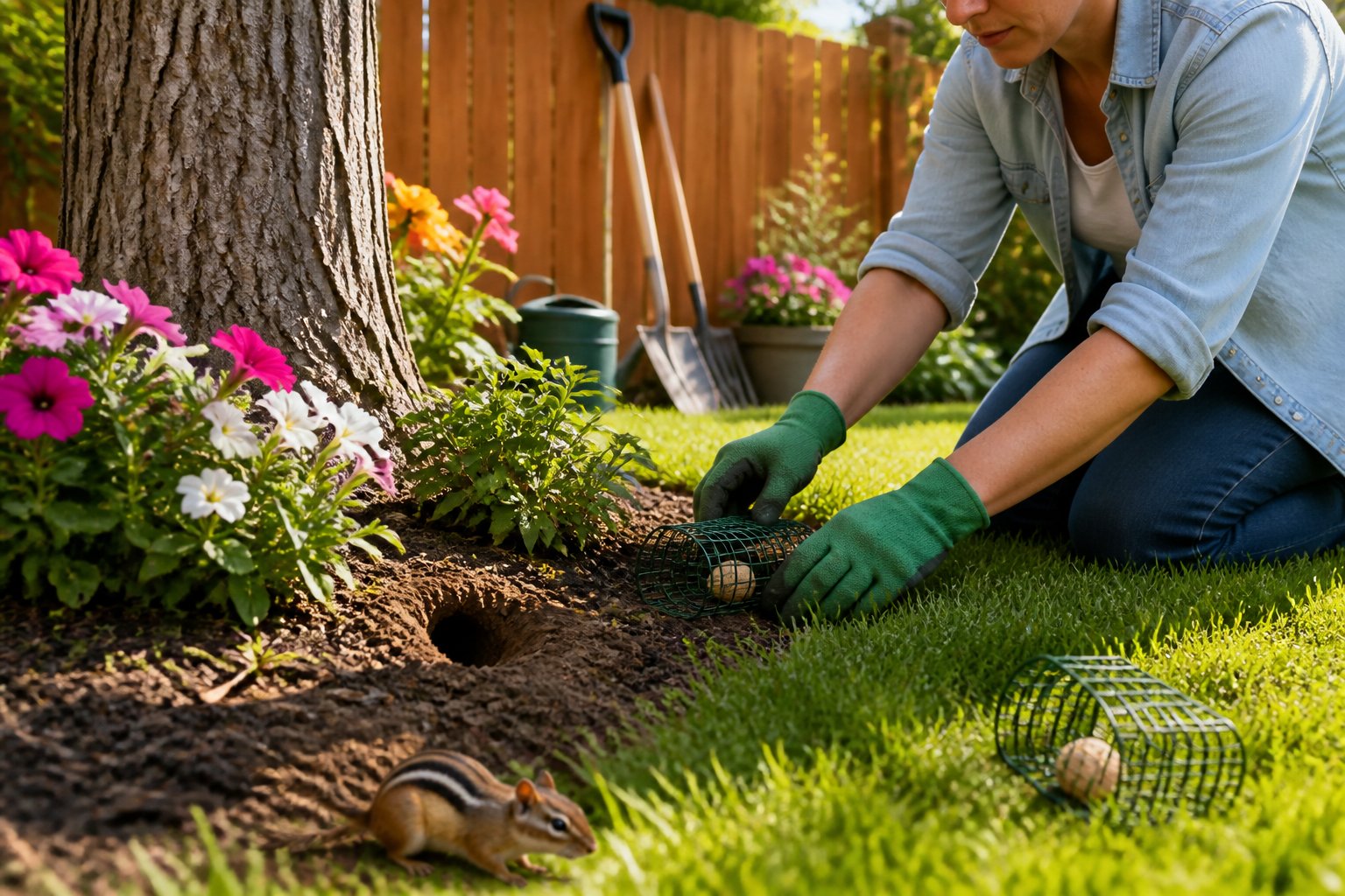 Person placing humane chipmunk deterrents in a green backyard garden with visible chipmunk burrows and a wooden fence in the background.
