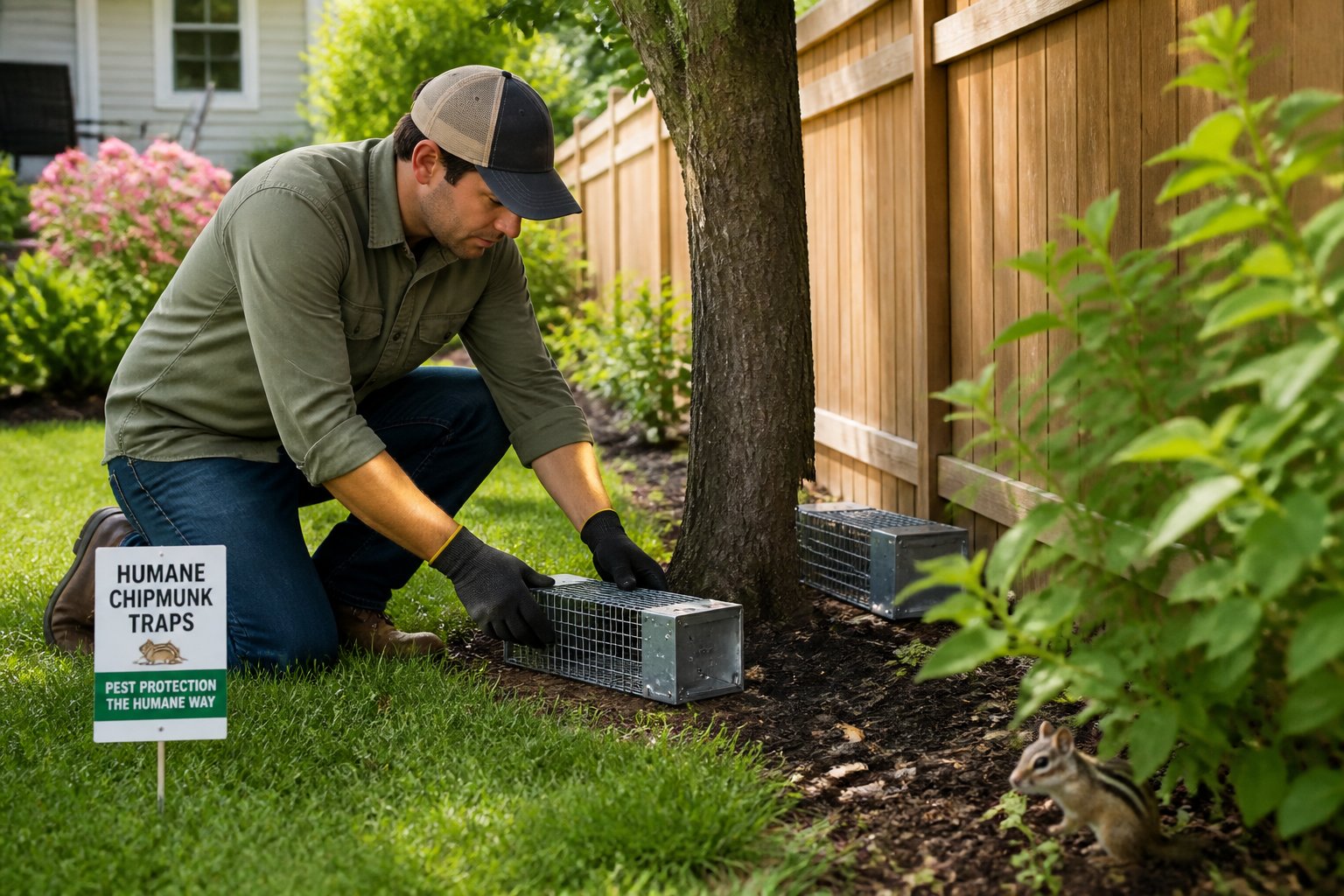 A person setting humane traps in a backyard garden while a chipmunk watches from behind a bush.