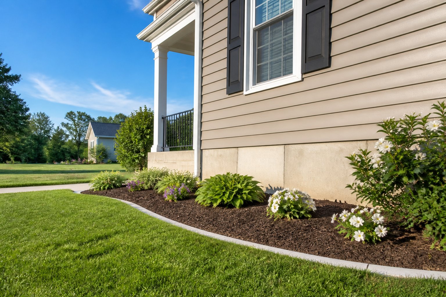 A well-maintained yard and house foundation with green grass, shrubs, and flower beds under a clear blue sky.