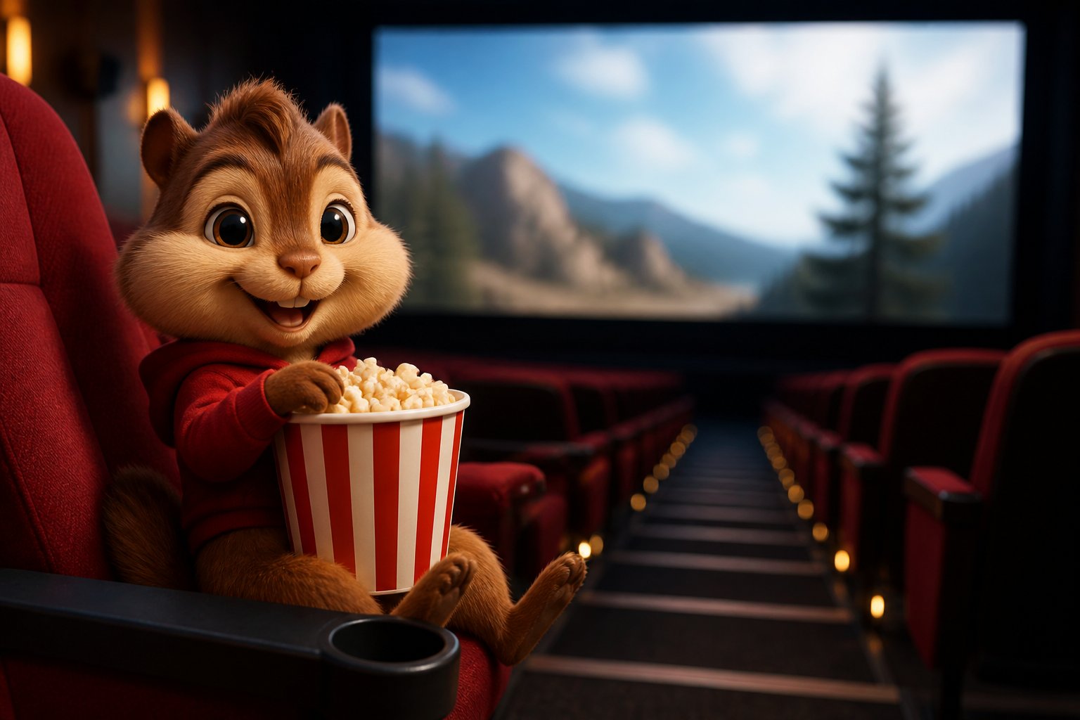 A cheerful chipmunk sitting in a movie theater seat holding popcorn with a large movie screen in the background.